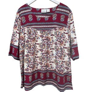 Vermont Country Store Womens Top Plus Size 1X Red Boho India Print 3/4 Sleeve